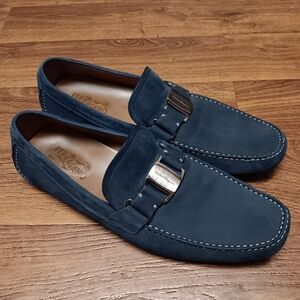 SALVATORE FERREGAMO Parigi Gancini Bit Navy Nubuck Driving Loafer Shoe Mens SZ13